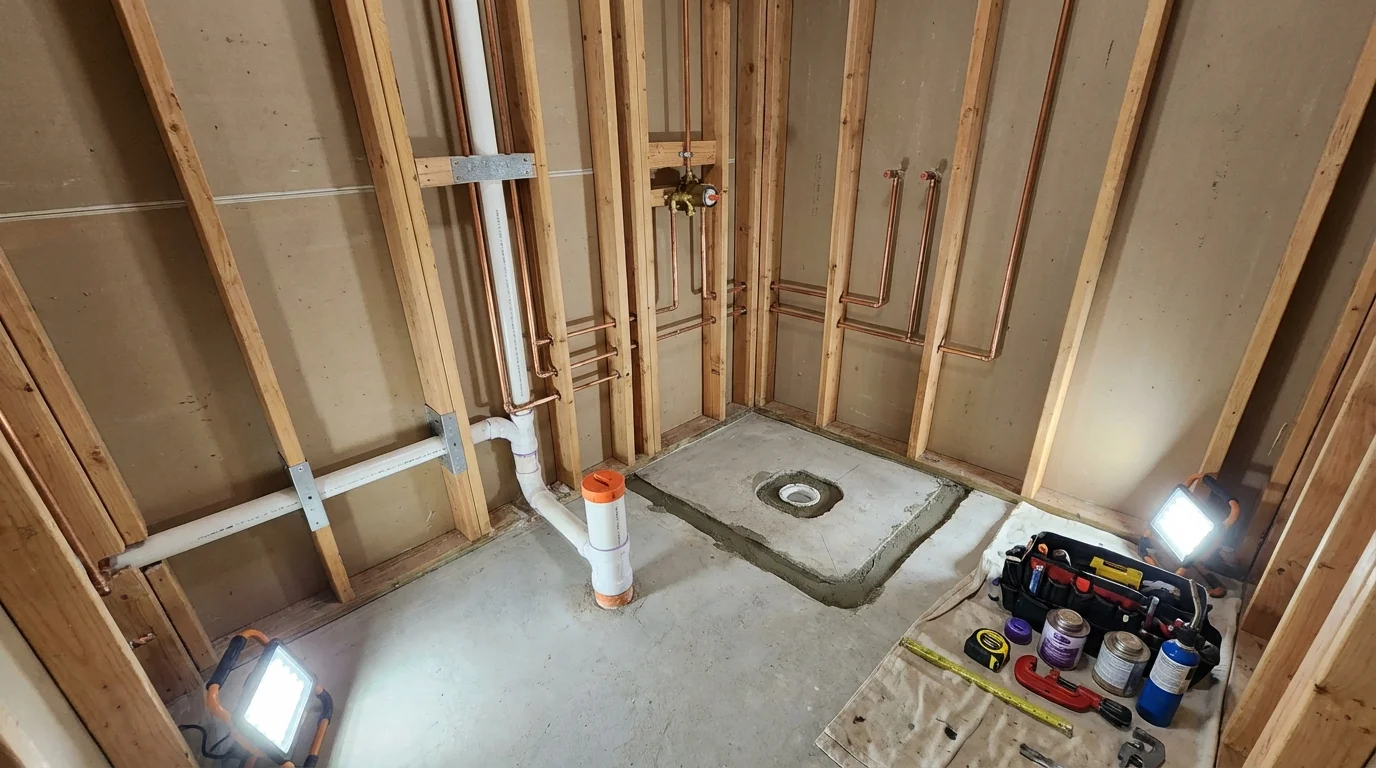 Bathroom rough-in plumbing during remodel by Johns Plumbing LLC in Hanover