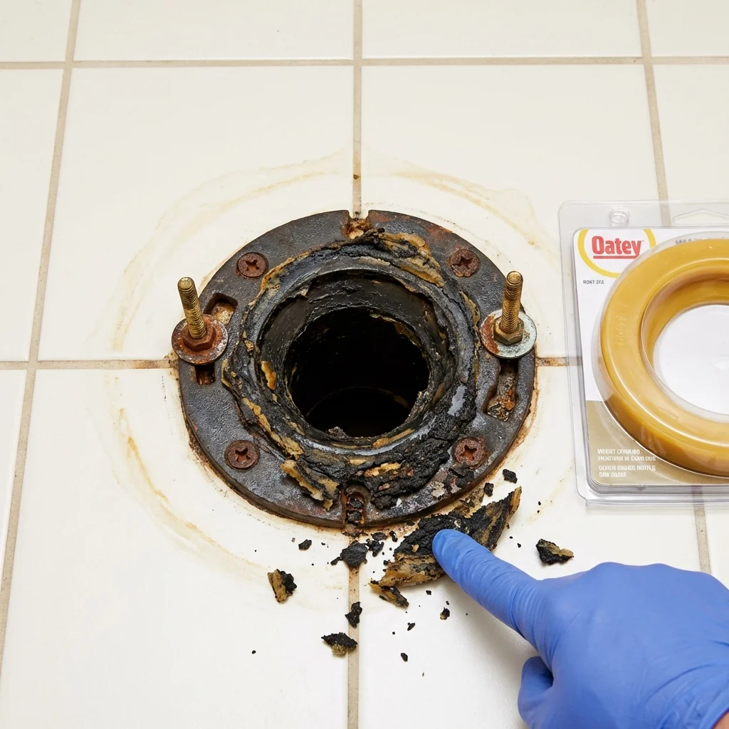Failed wax ring showing water seepage at the base of a toilet in a Hanover, MN home