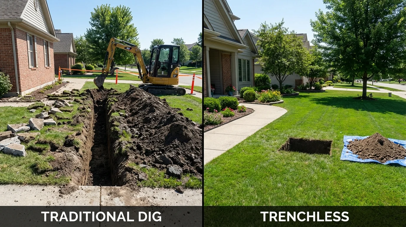 Trenchless sewer repair with minimal yard damage versus traditional excavation in Hanover, MN